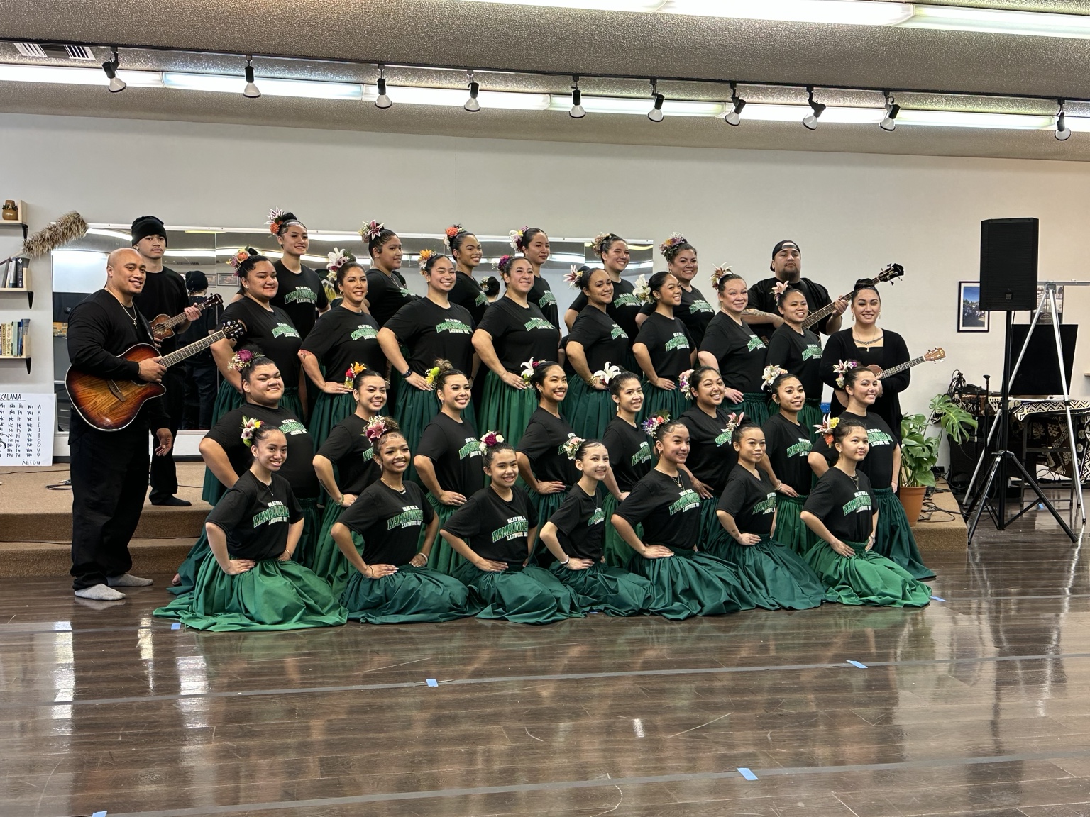 Hālau dancers and musicians gathered together