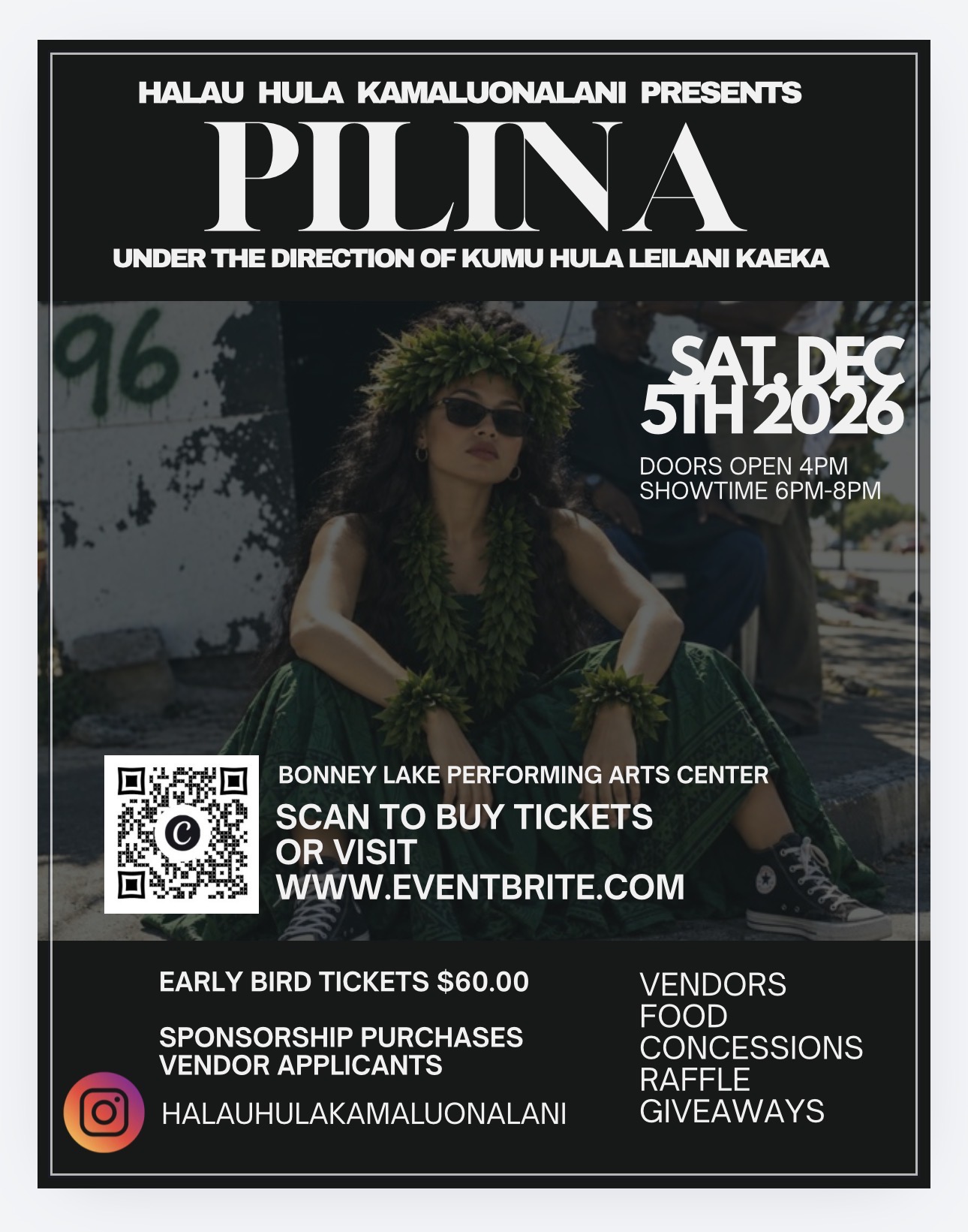 PILINA 2026 event flyer with ticket QR code and event details